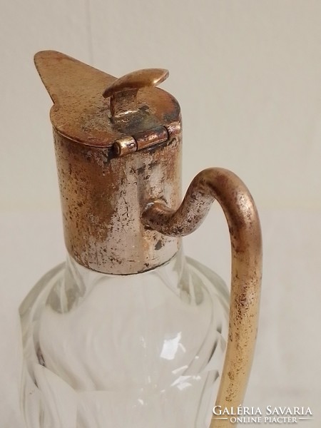 Antik régi ecetes olajos hántolt üveg kiöntő kancsó karaffa ezüstözött fém szerelékkel 18 cm