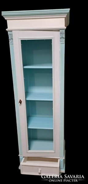 Tin German cabinet, narrow serving shelf with books