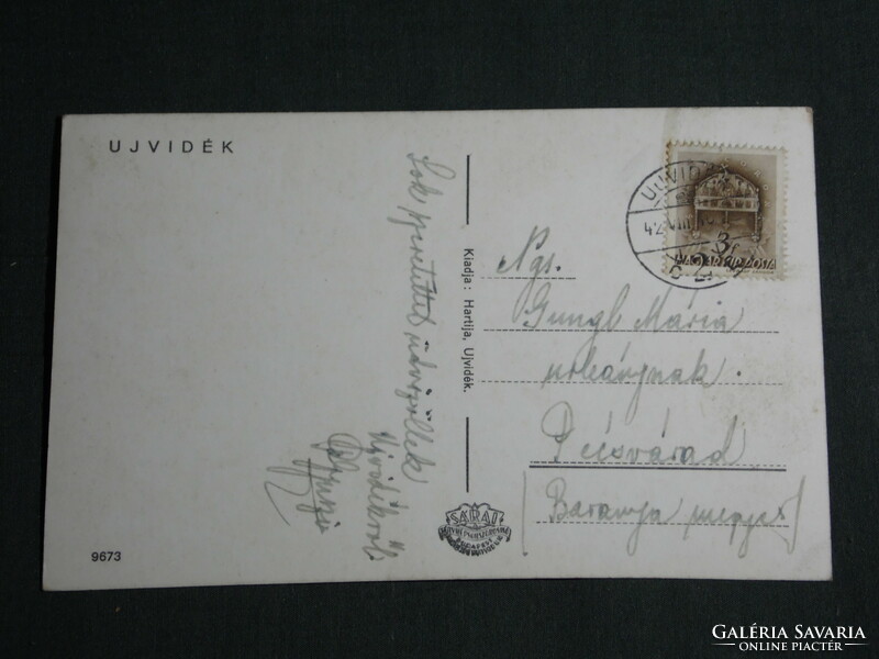 Képeslap,Postcard, Újvidék, mozaik részletek,Levente otthon, szentháromság tér,szobor 1942