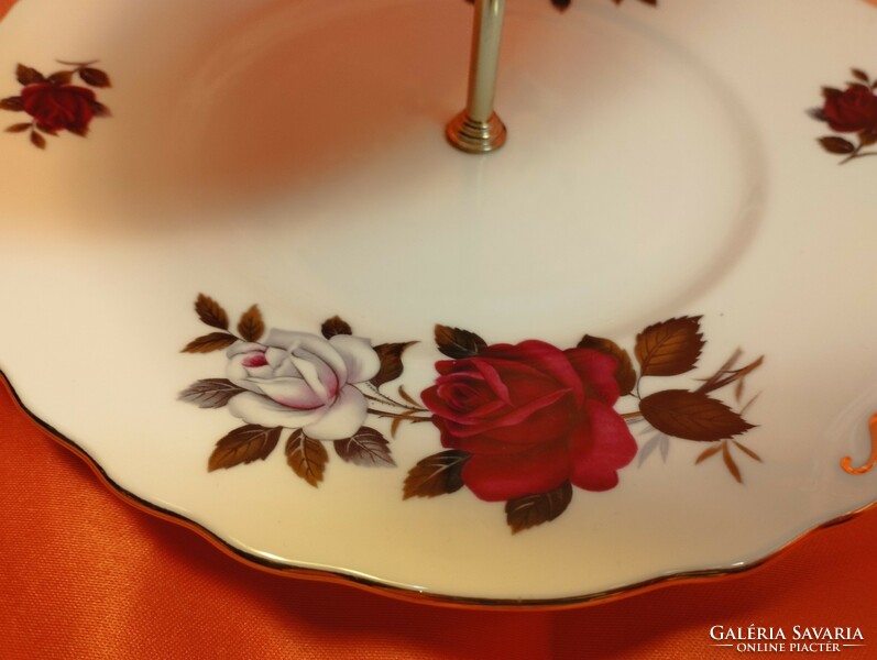 Angol, rózsás porcelán, emeletes asztalközép, kínáló