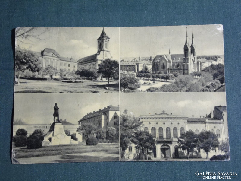 Postcard, Békéscsaba, mosaic details, council house, Kossuth statue, park, church 1959