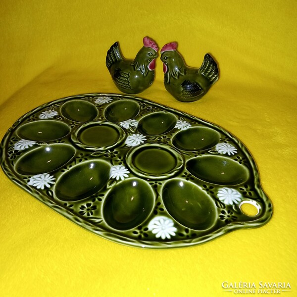 Egg holder, egg offering bowl + 2 chick salt and pepper shakers. Ceramics.