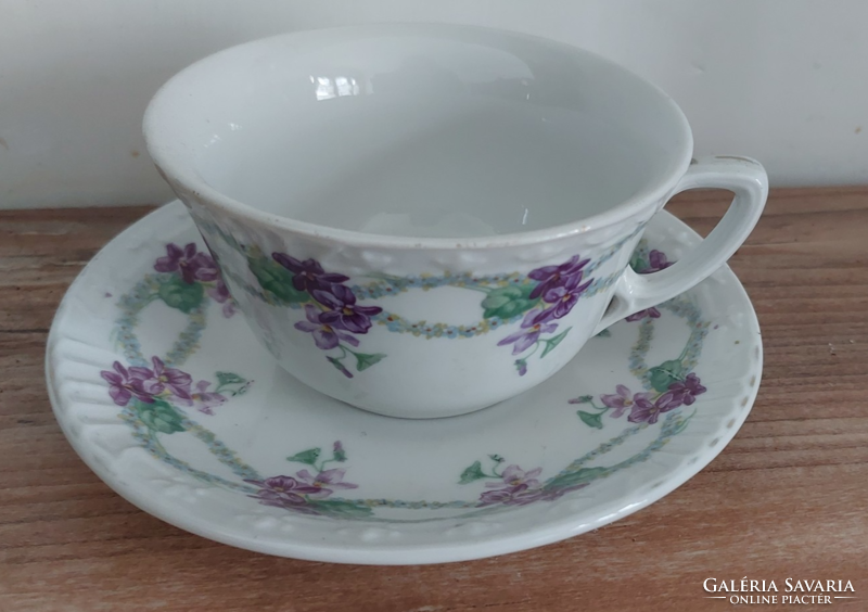 Porcelain breakfast set decorated with antique violet decor, tea cup with base + 1 plate as a gift