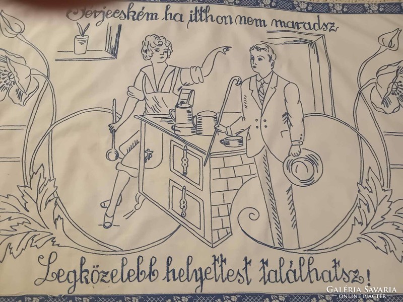 Régi, hímzett szöveges konyhai falvédő, 79x51