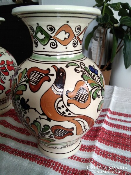Korondi hand-painted glazed ceramic vases with bird and folk motifs!