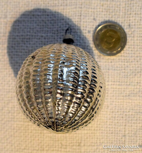 Antique large grooved silver glass sphere Christmas tree ornament 7cm
