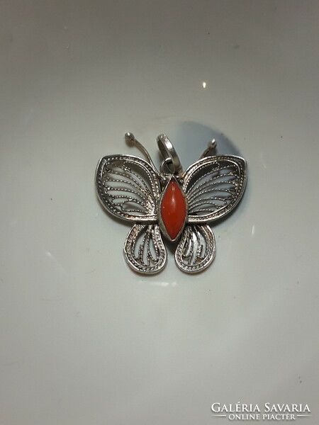 Coral stone filigree silver butterfly pendant