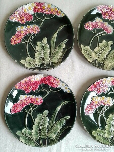 Antique old art nouveau earthenware majolica glazed ceramic small plate cake set 6 pcs flower pattern