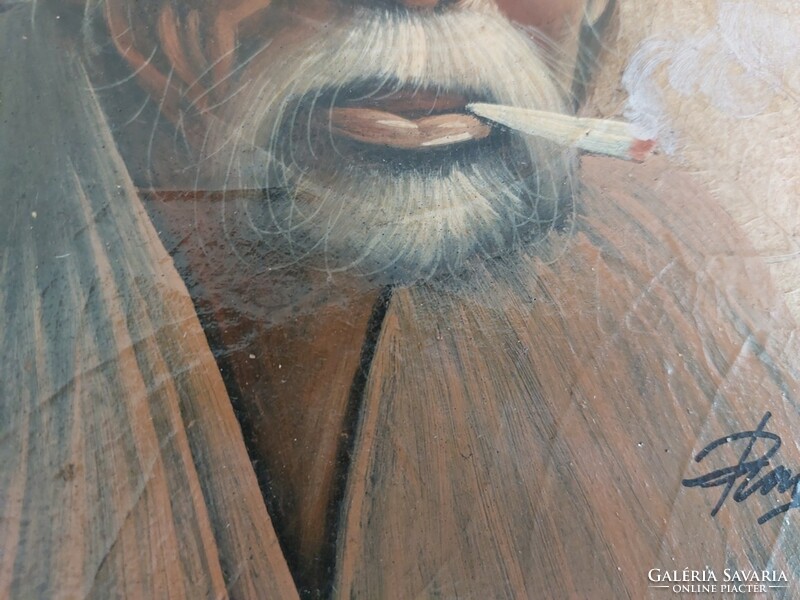 (K) Asian painting on signed tobacco leaf (?) 26X30 cm frame