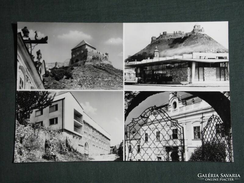 Postcard, sümeg, mosaic details, view, castle, mávaut bus stop, 1970-80