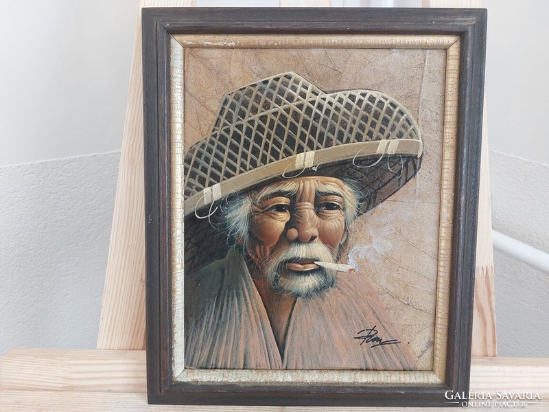 (K) Ázsiai festmény szignózott dohánylevélen (?) 26x30 cm kerettel