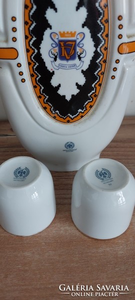 Hollóházi porcelain Várda old peach brandy flask set (with 2 cups)