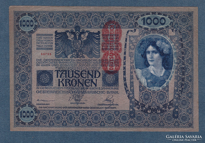 1000 Korona 1902 both sides German deutschösterreich stamp ef - aunc
