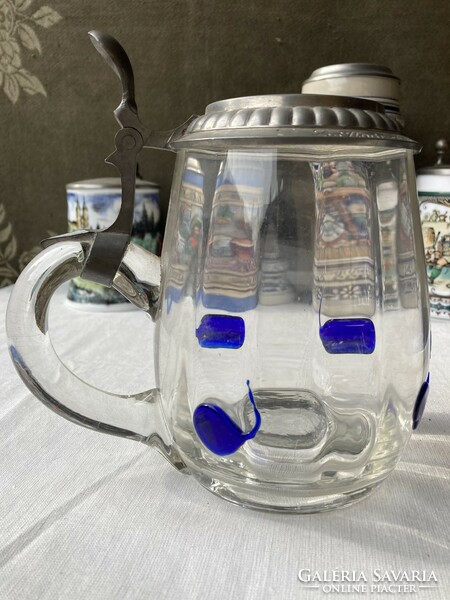 Antique tin lid 1 liter glass beer mug 1895.