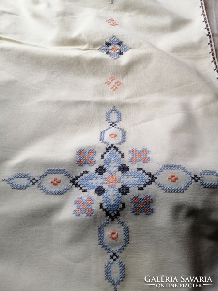 Hand-embroidered cross-stitch tablecloth