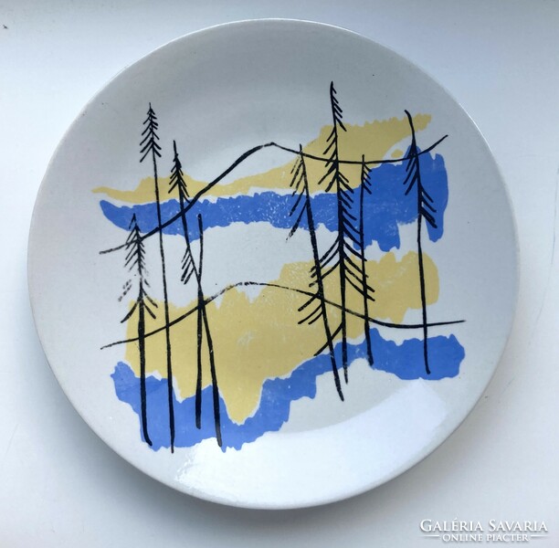 Zsolnay modern fenyős tájképes tányér, ritka gyűjtői darab