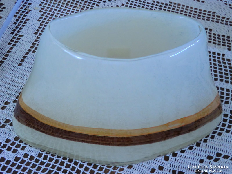 Oval vase milk glass with 2 brown stripes, exceptional shape, amazing color scheme