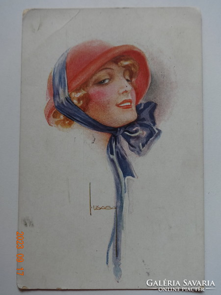 Old, antique graphic greeting card - artist's drawing - lady in hat (1921)