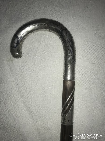 Antique, silver-headed, niello-decorated walking stick from the beginning of the century, walking stick