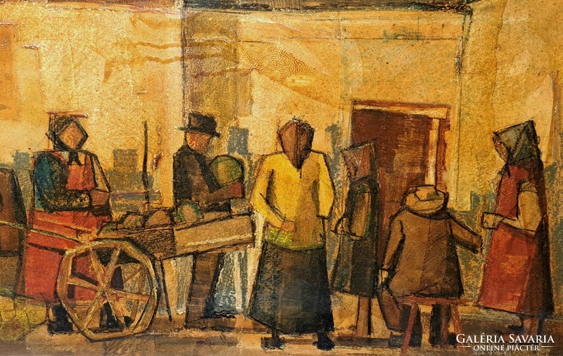 Várkonyi János (1947-): Piac (olajfestmény, zománchatású lakkozással) életkép - békéscsabai festő