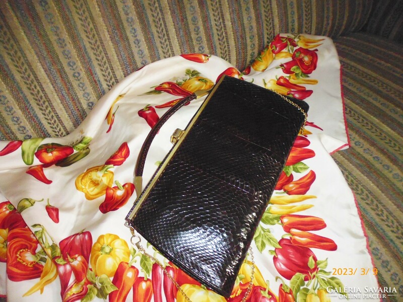 Vintage snakeskin bag in chocolate color..Real leather bag.