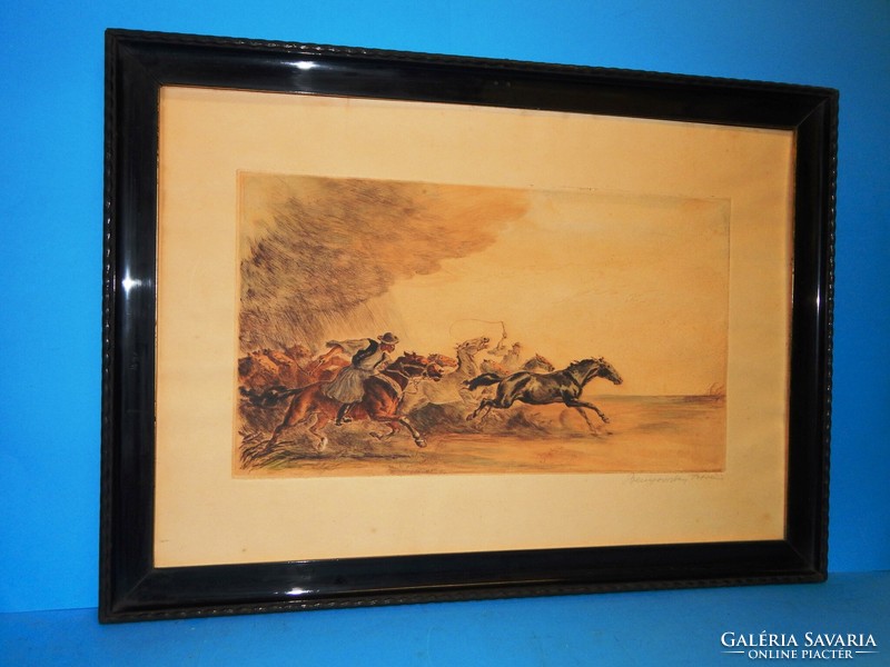 Colored etching by Benyovszky in a 50 x 70 cm flawless frame