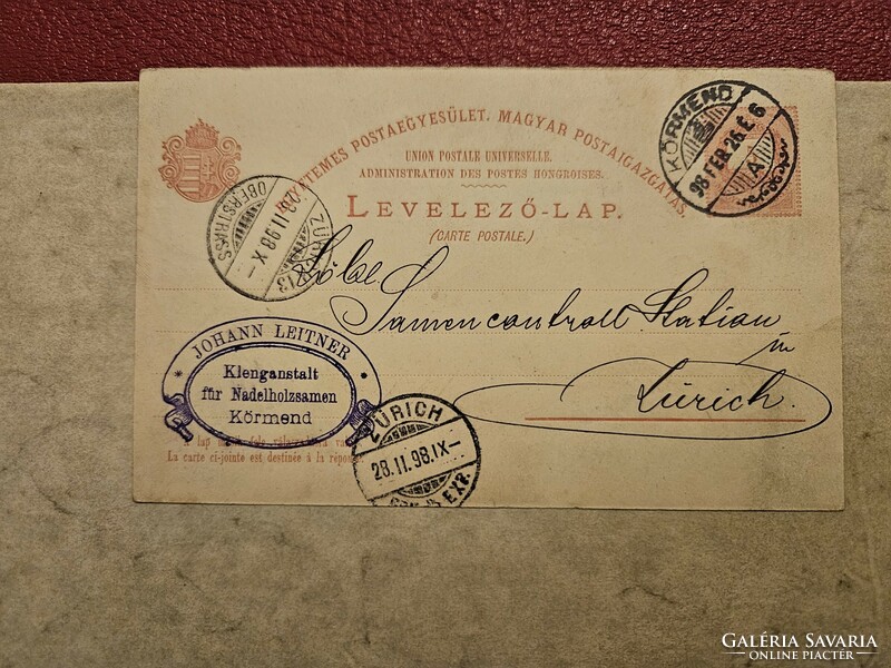 1898-as UPU Levelezőlap 5 fillér díjjegyes Körmend-Züric