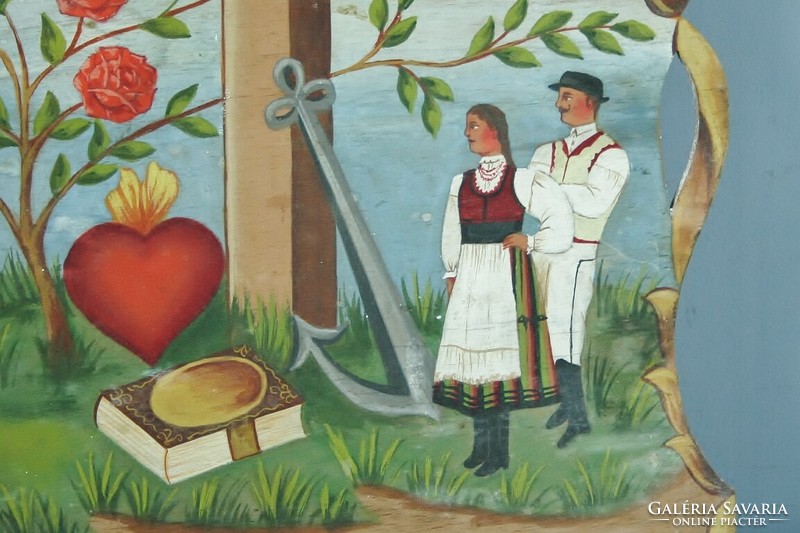 Hit Remény Szeretet "Házi áldás" Antik Népművészeti alkotás falikép cirka 1920-1945