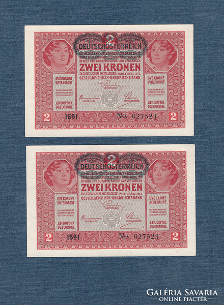 2 Korona 1917 Deutschösterreich bélyegzés UNC 2 db sorszám követő páros