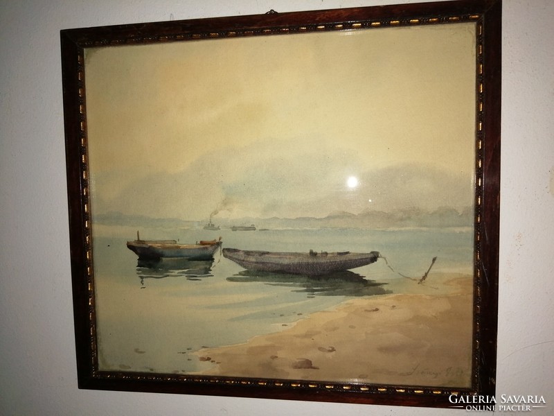 Híres magyar festőművésznek tulajdonított festmény, csónakok a folyóparton.