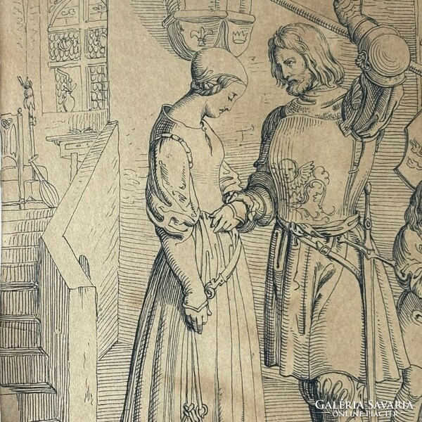 Renaissance love scene - knight and his lover - engraving, heliogravure, damaged