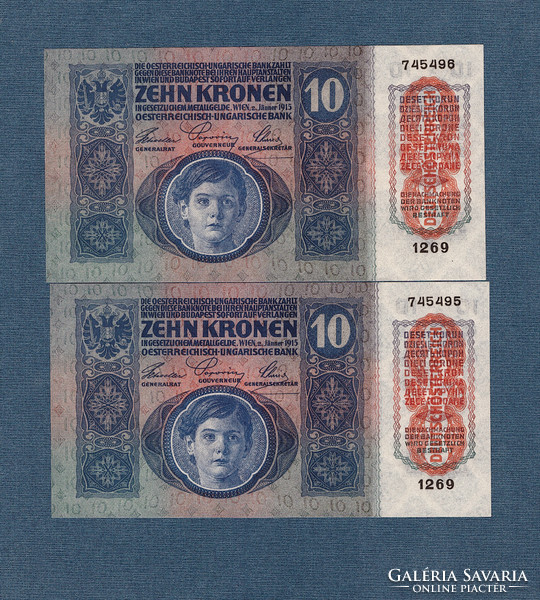 10 Korona 1915 Deutschösterreich Bélyegzés UNC Ofsetnyomás 2 db sorszám követő páros