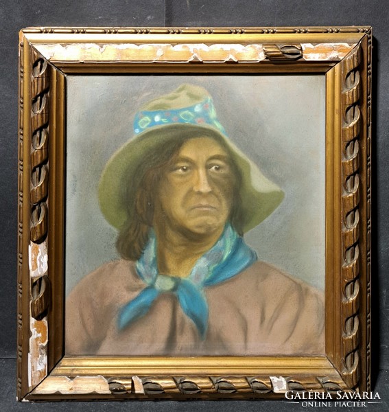 Portrait of a Native American man - old pastel - Native American