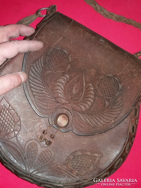 Antique craftsman tarsoly shape original Ziegler (Szeged) leather decorated shoulder bag 24x27cm according to pictures