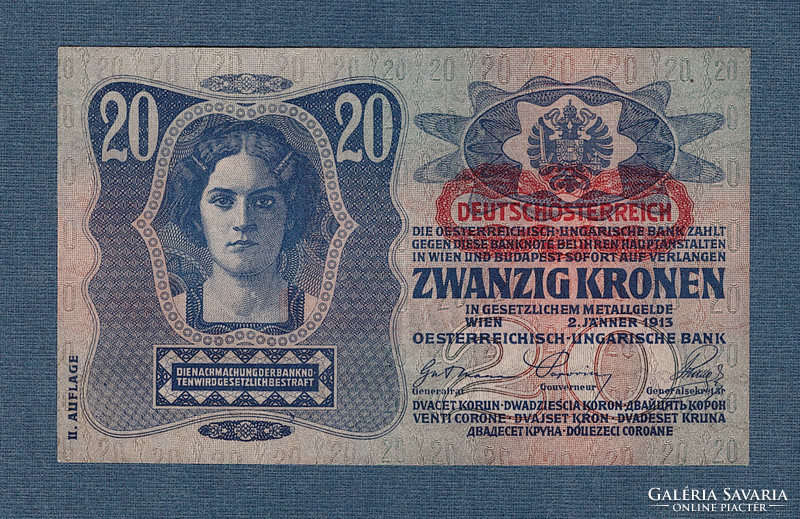 20 Korona 1913 II. kiadás Deutschösterreich bélyegzés  aUNC