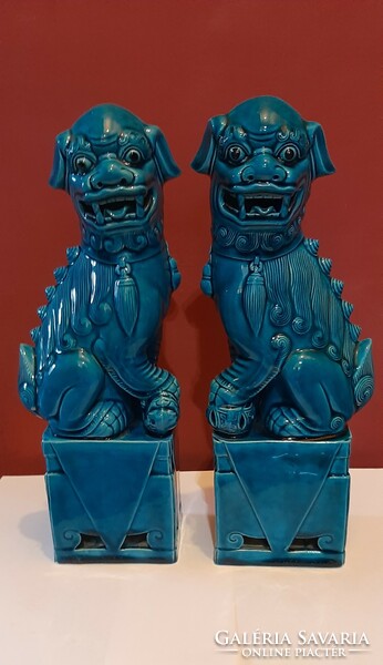 Kínai kék mázas porcelán Pho kutya, 2 db jelölt, hibátlanok, m: 29,5 cm