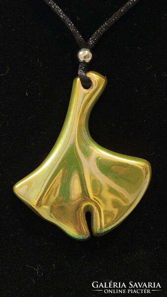 Zsolnay eosin glazed ginkgo porcelain pendant, jewelry, necklace