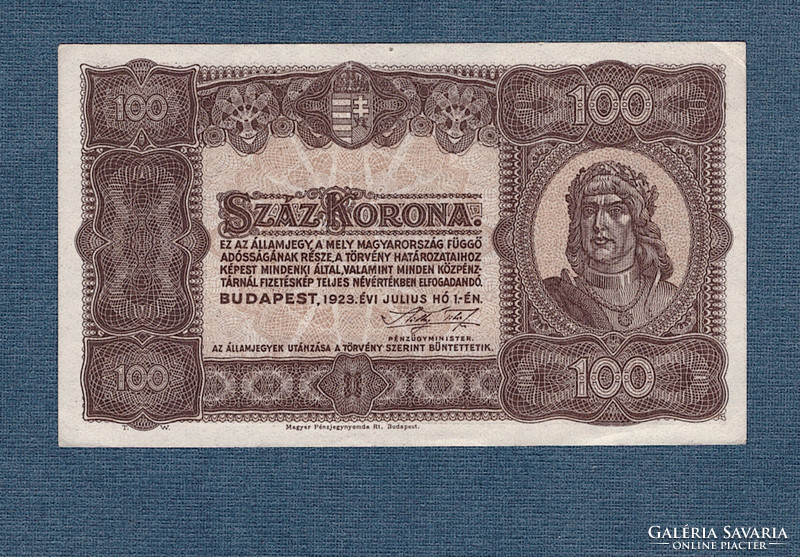 100 Korona 1923 Magyar Pénzjegynyomda Rt Budapest aUNC