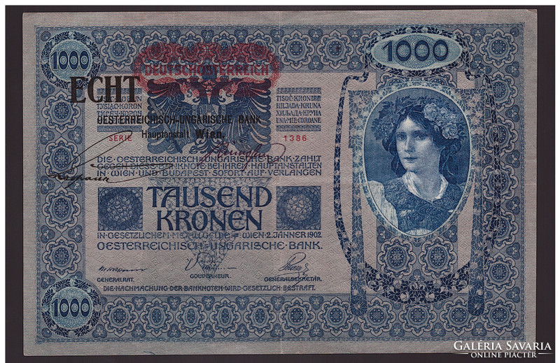 1000 Korona 1902 Deutschösterreich + ECHT bélyegzéssel a német nyelvű  Hátoldalon RITKA