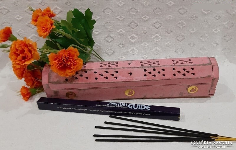 Rustic painted pink Indian wood incense holder with yin-yang symbols and gift incense