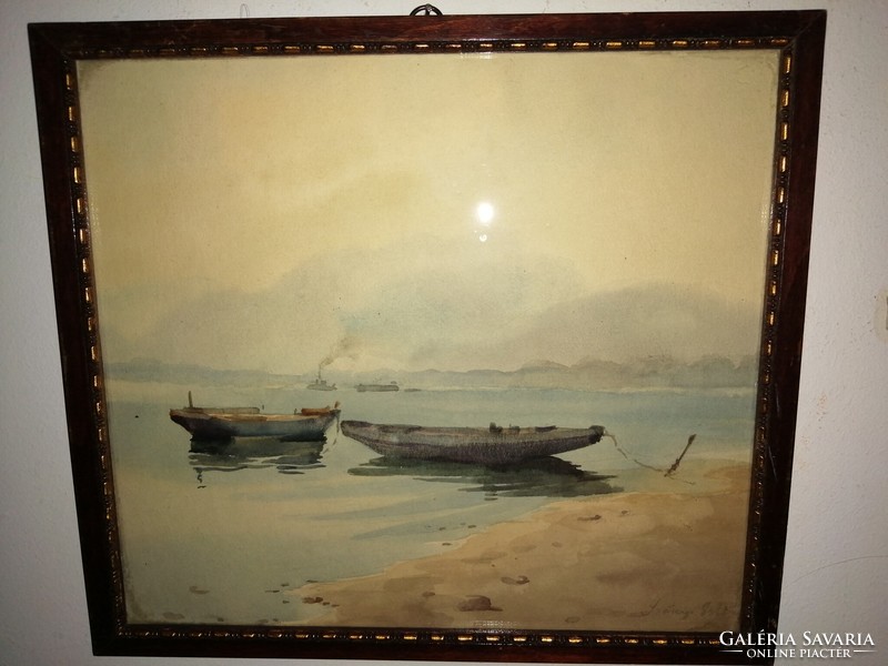 Híres magyar festőművésznek tulajdonított festmény, csónakok a folyóparton.