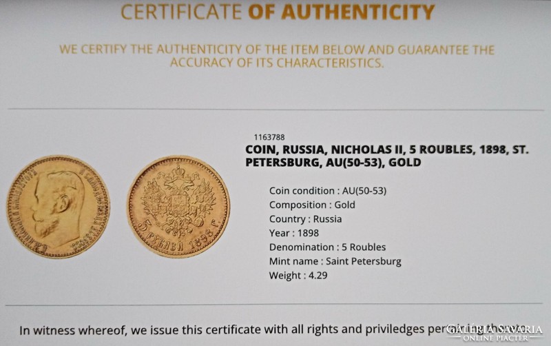 II. Nicholas gold 5 rubles (1898) - Russian Empire - aunc - with certification