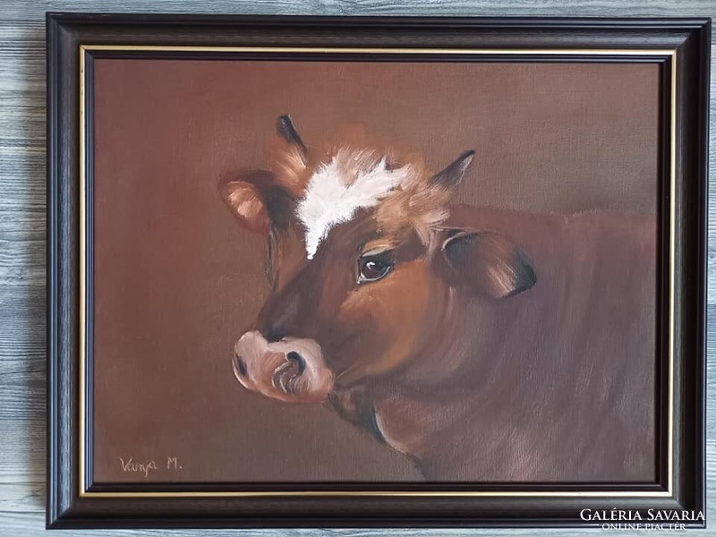 Badger calf - framed oil painting