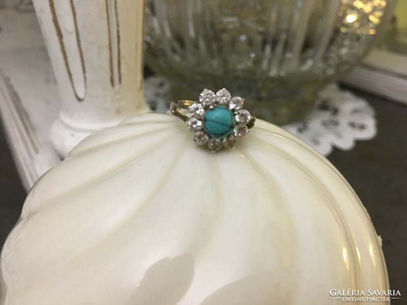 Margaret style, old silver ring with turquoise in the middle and zirconia stones around