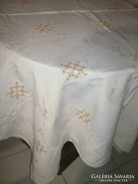 Beautiful embroidered pale golden floral damask tablecloth