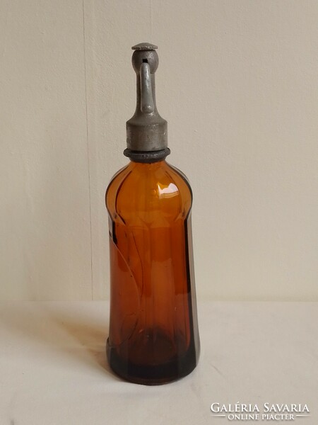 Antique amber brown soda bottle, metal head with bird's beak, Petz nagyvárad vétő sandor 1941 vitromethane