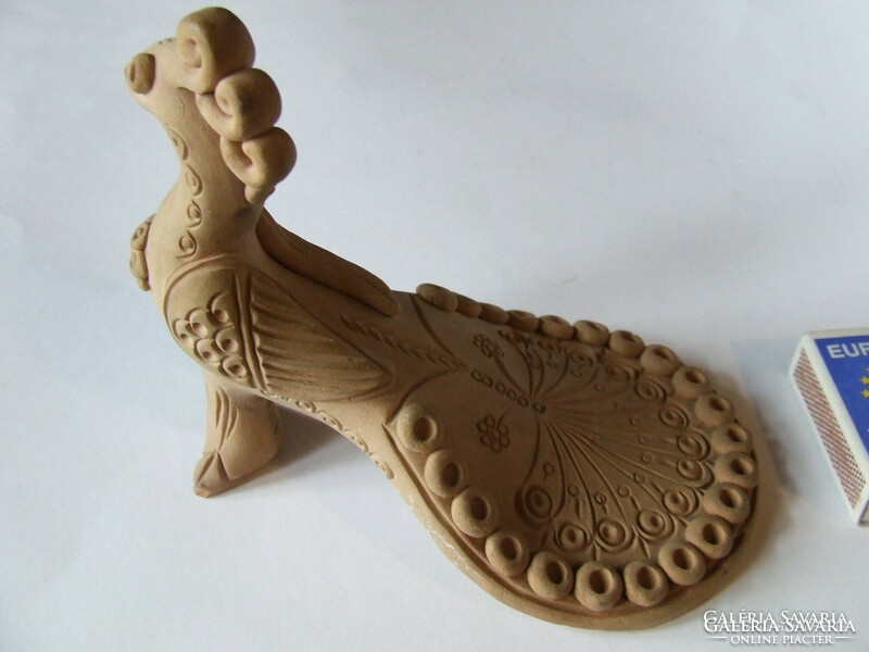 Old, interestingly depicted peacock bird ceramic figure with Cyrillic lettering-probably Russian