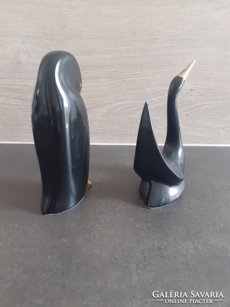 Hóllóháza black porcelain penguin and swan