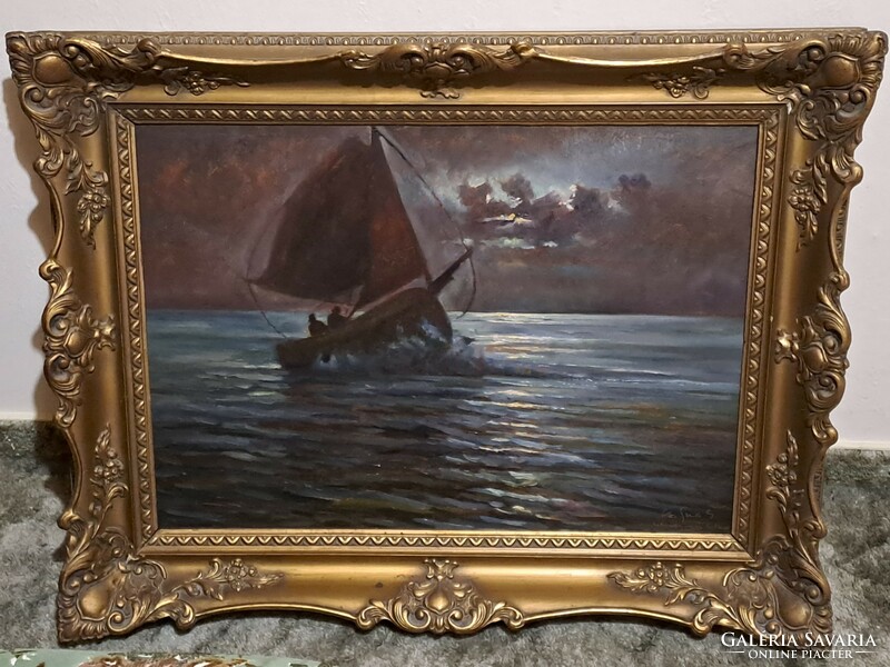 Sándor Cz. Szüts (1887-1942): Scheveningen, Holland, seaside boat painting in perfect frame