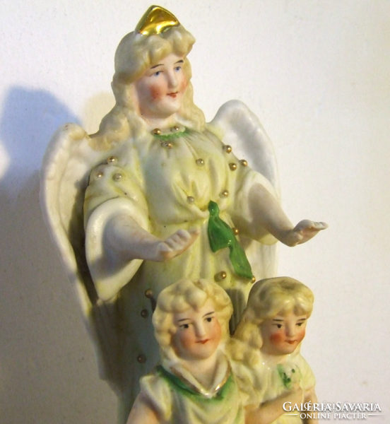 Régi,antik,jelzett  biszkvit porcelán figura figurális életkép-őrangyal két kislánnyal--nagyon bájos